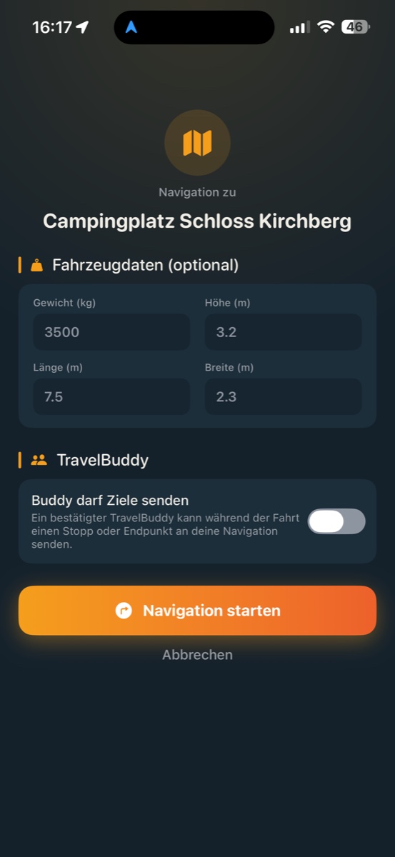 Wohnmobil-Navigation mit Fahrzeugmaßen