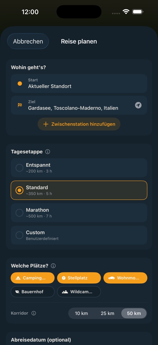 RoadChapter App – Reiseplaner mit Route und Stellplätzen