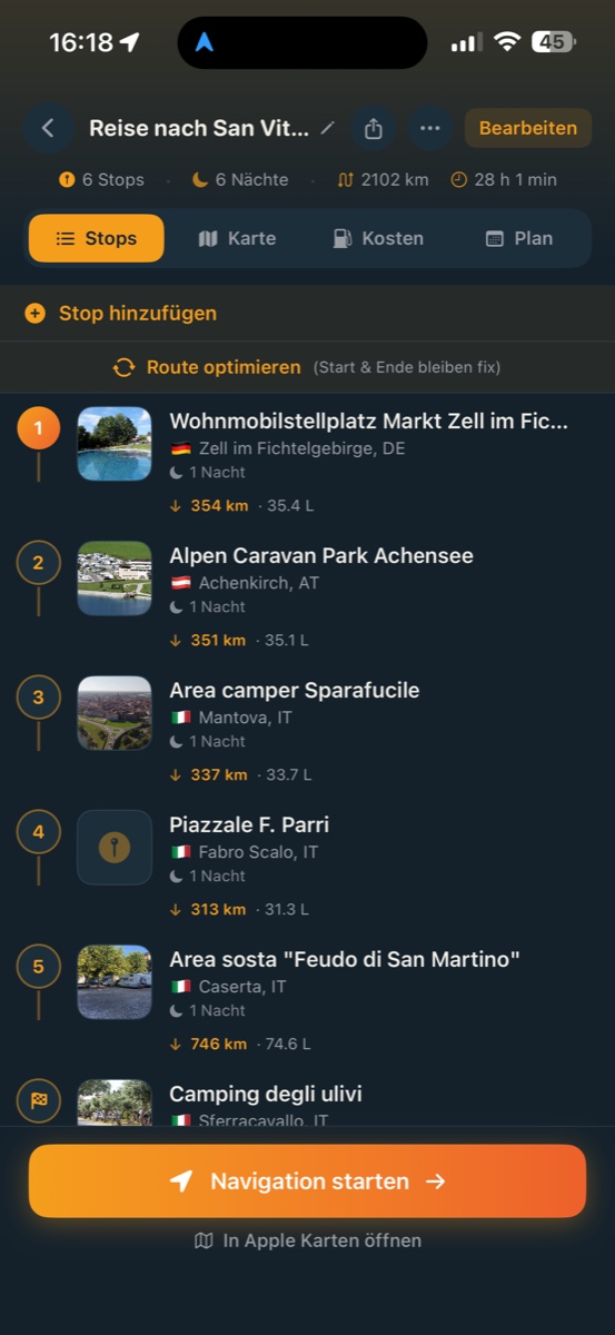 Fertig geplante Route mit mehreren Stopps