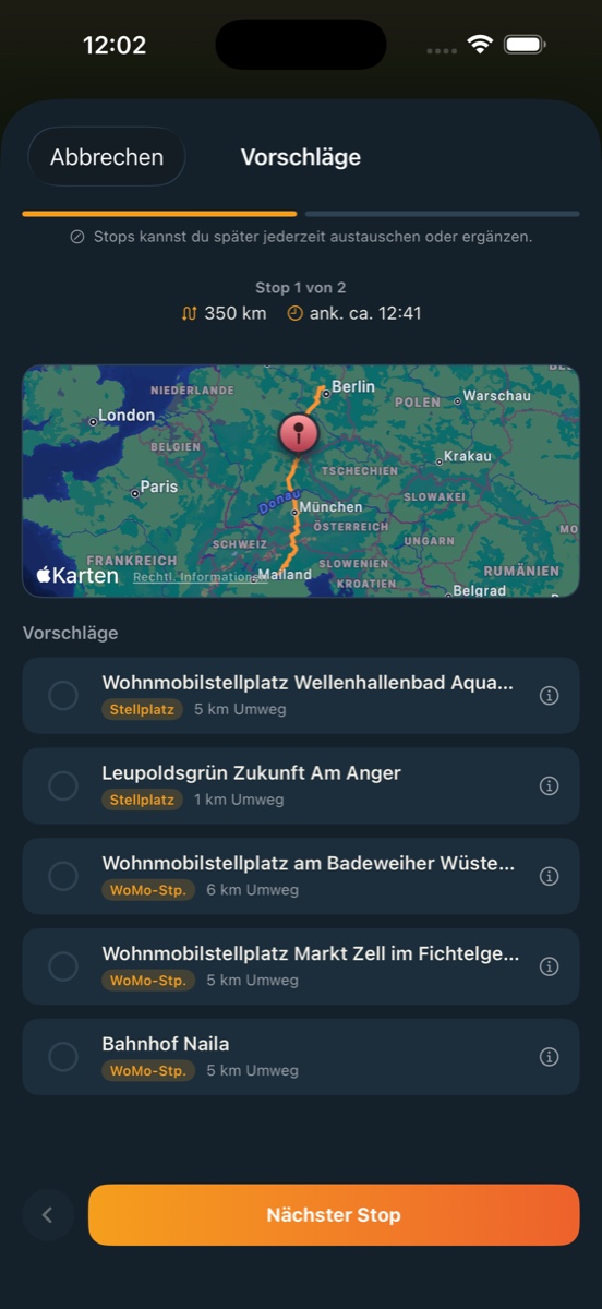 RoadChapter Auto-Reiseplaner: Stellplätze entlang der Route